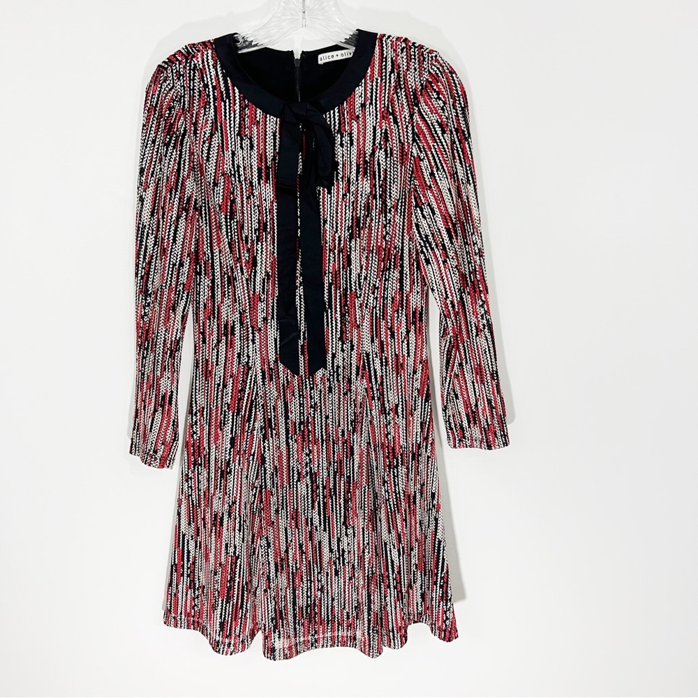 Alice + Olivia Gwenyth Cable Knit Mini Dress Tie Neck Black Multi Color
